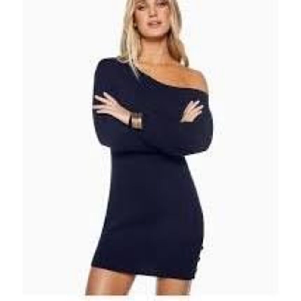 Ramy Brook Kourtney Off Shoulder Sweater Dress Black Small Knit Mini Button Side